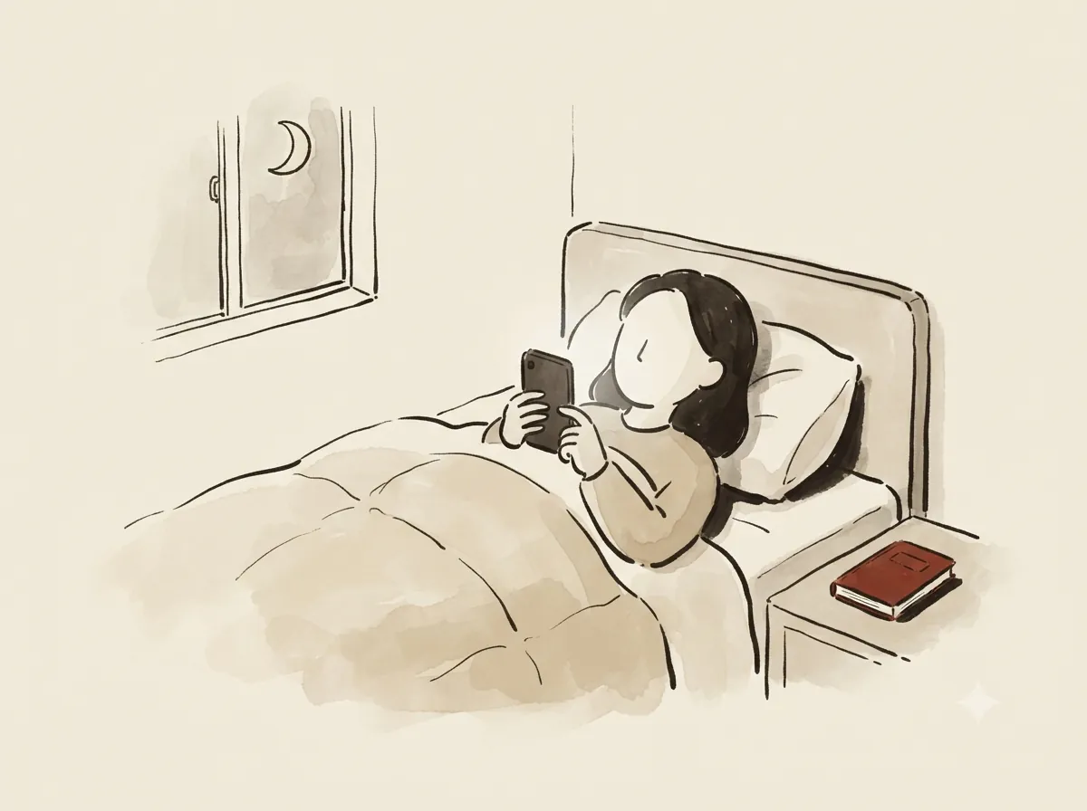 달이 뜬 밤, 침대에 누워 이불을 덮은 채 휴대폰에 글을 적는 사람